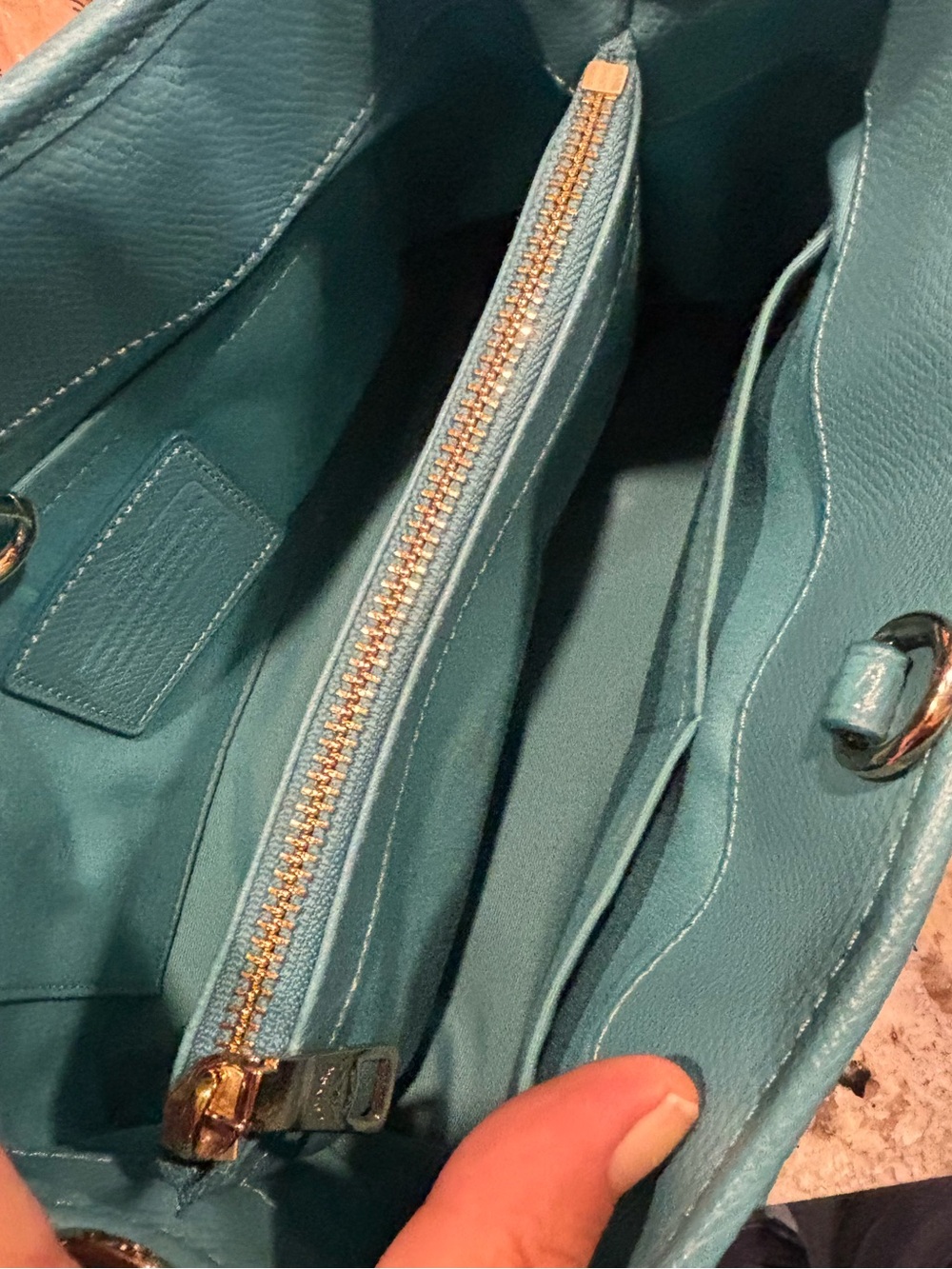 Coach Margot Studded Carryall Crossbody Aqua Blue Pebbled Leather Silver Rivets - Picture 9 of 16
